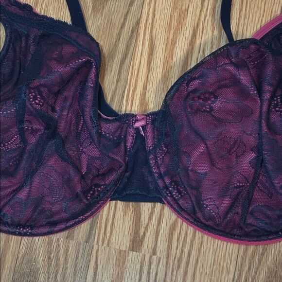 Cacique Navy Lace Hot Pink Underwire Bra,, 44DD - Picture 2 of 7